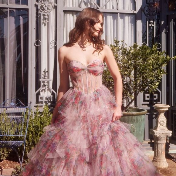 New Formal Strapless Floral Printed Ruffled Gown w/ Sweetheart Neckline CD A1463